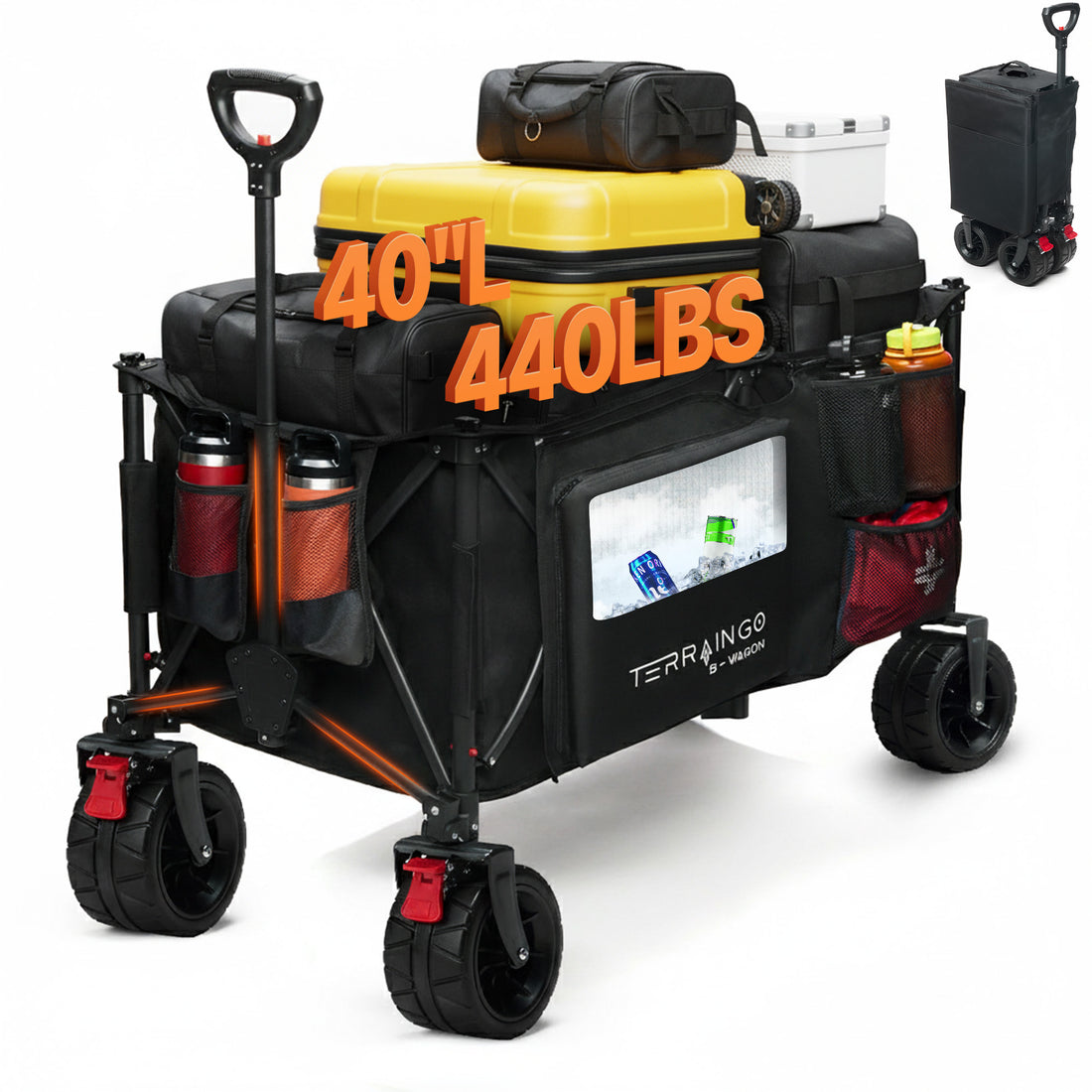 Foldable Beach Wagon Cart- Interchangeable All Terrain Wheels- 12" Beach Wheels Optional- Patent Pending- Gardening, Fishing, Shopping-Built-in Insulated Cooler Pouch, More Storage Pockets, Cupholders