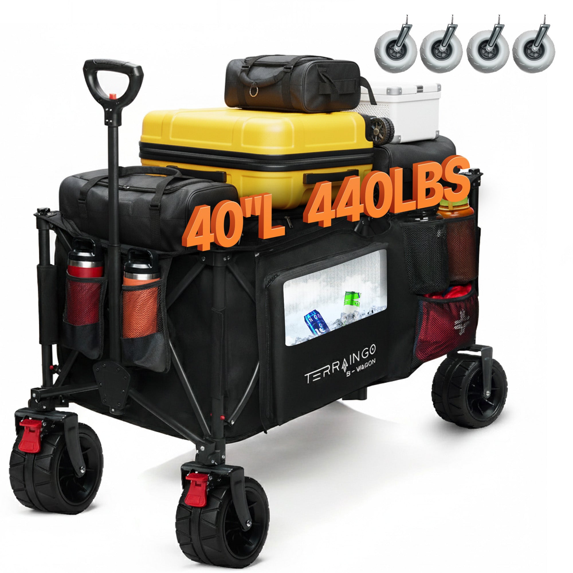 Foldable Beach Wagon Cart- Interchangeable All Terrain Wheels- 12" Beach Wheels Optional- Patent Pending- Gardening, Fishing, Shopping-Built-in Insulated Cooler Pouch, More Storage Pockets, Cupholders