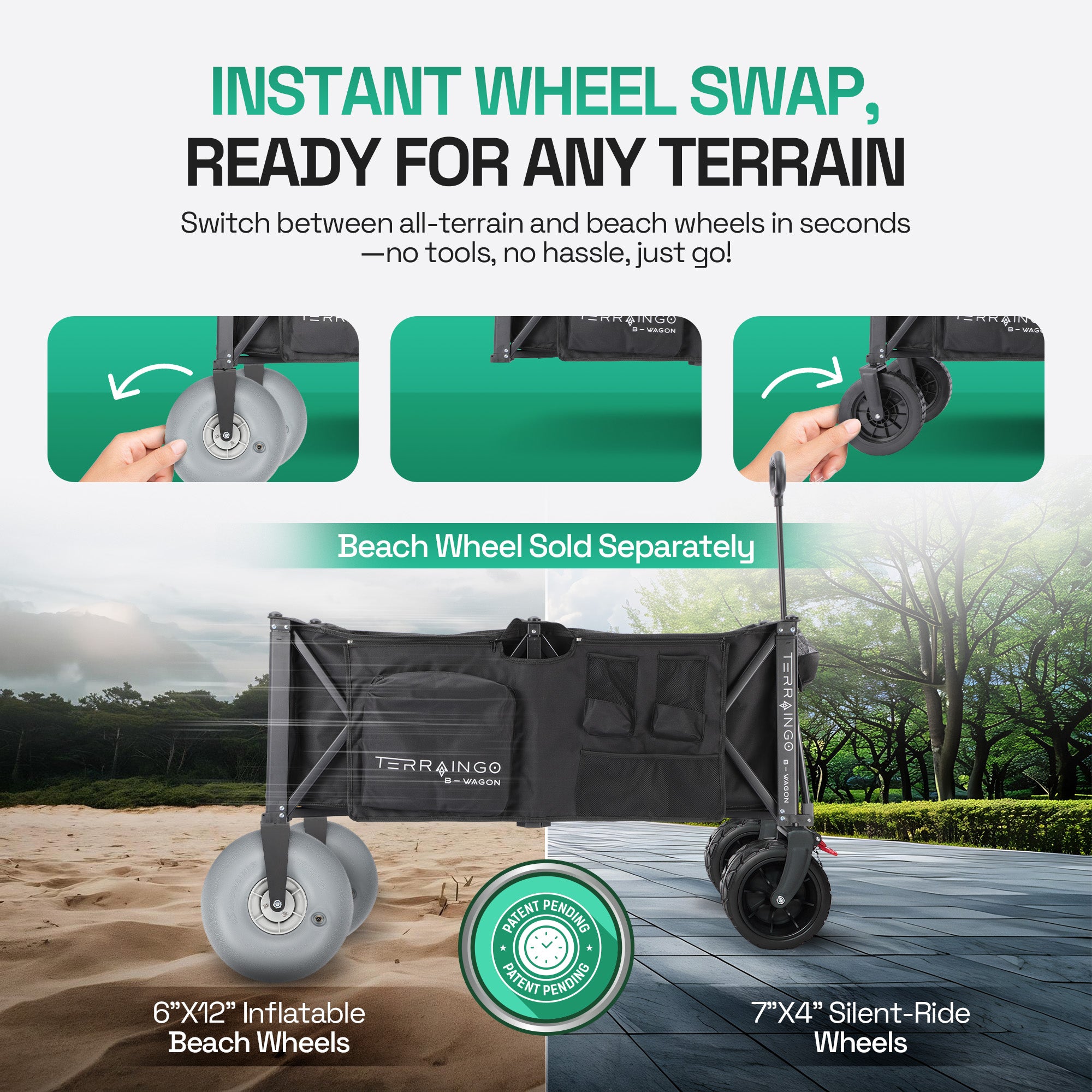 Foldable Beach Wagon Cart- Interchangeable All Terrain Wheels- 12" Beach Wheels Optional- Patent Pending- Gardening, Fishing, Shopping-Built-in Insulated Cooler Pouch, More Storage Pockets, Cupholders