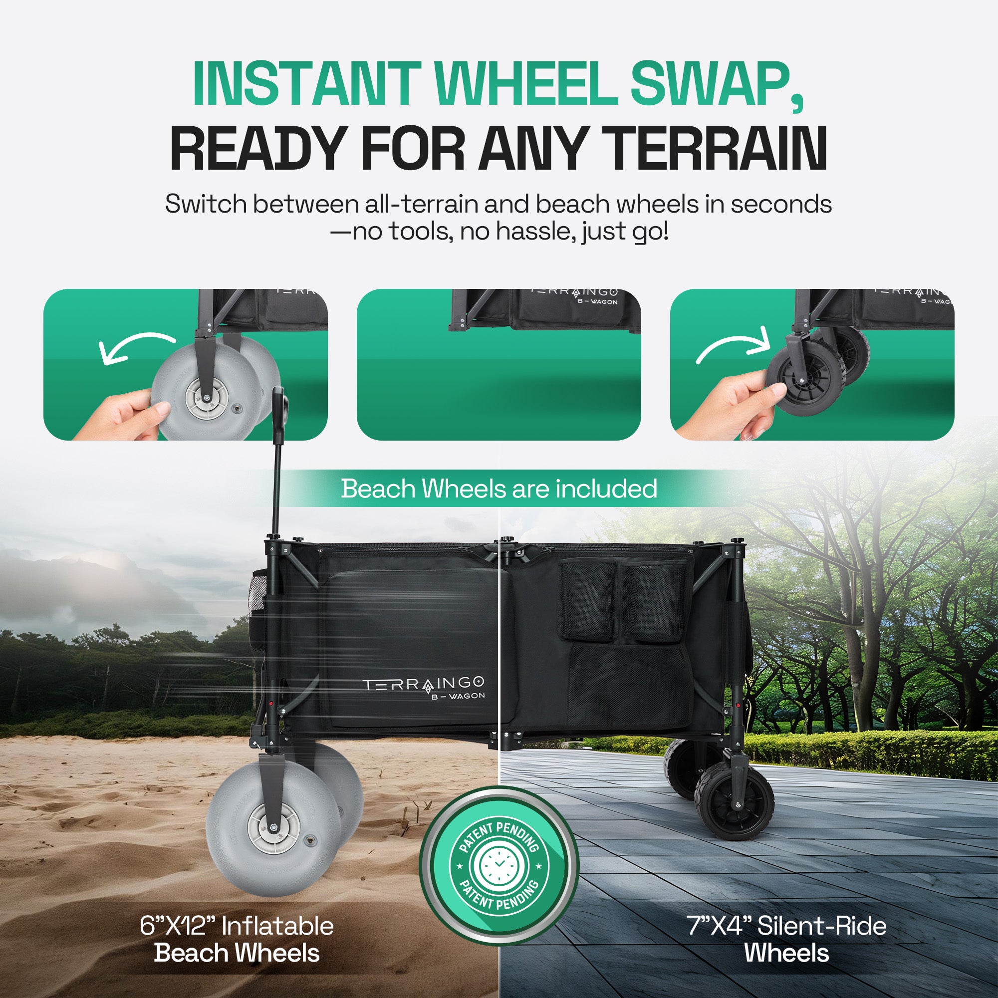 Foldable Beach Wagon Cart- Interchangeable All Terrain Wheels- 12" Beach Wheels Optional- Patent Pending- Gardening, Fishing, Shopping-Built-in Insulated Cooler Pouch, More Storage Pockets, Cupholders