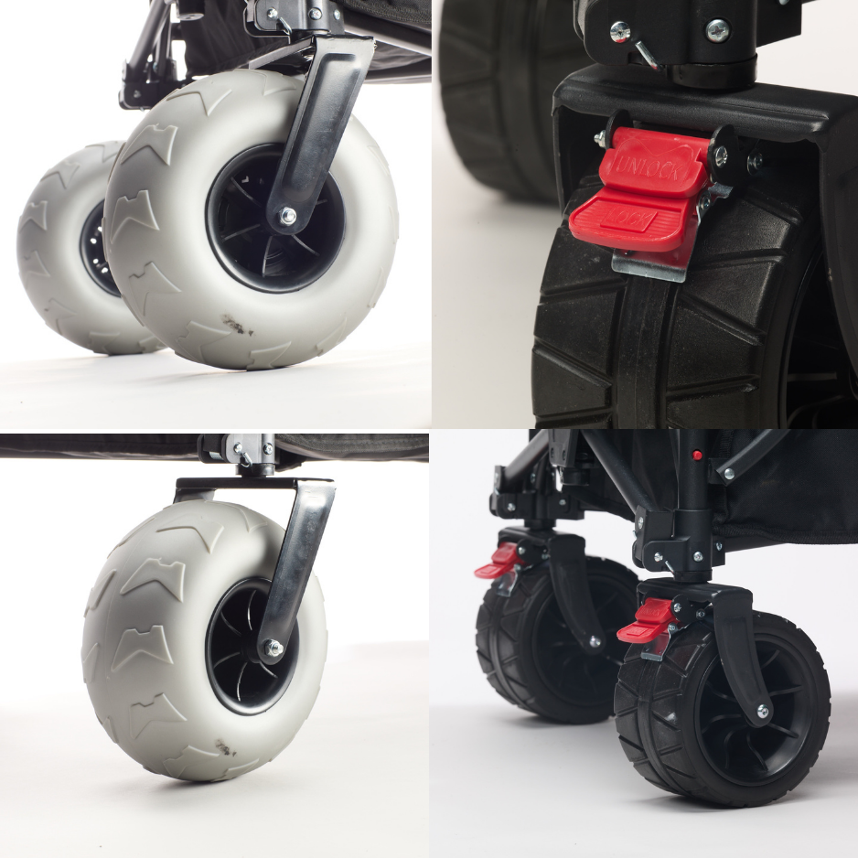 Foldable Beach Wagon Cart- Interchangeable All Terrain Wheels- 12" Beach Wheels Optional- Patent Pending- Gardening, Fishing, Shopping-Built-in Insulated Cooler Pouch, More Storage Pockets, Cupholders
