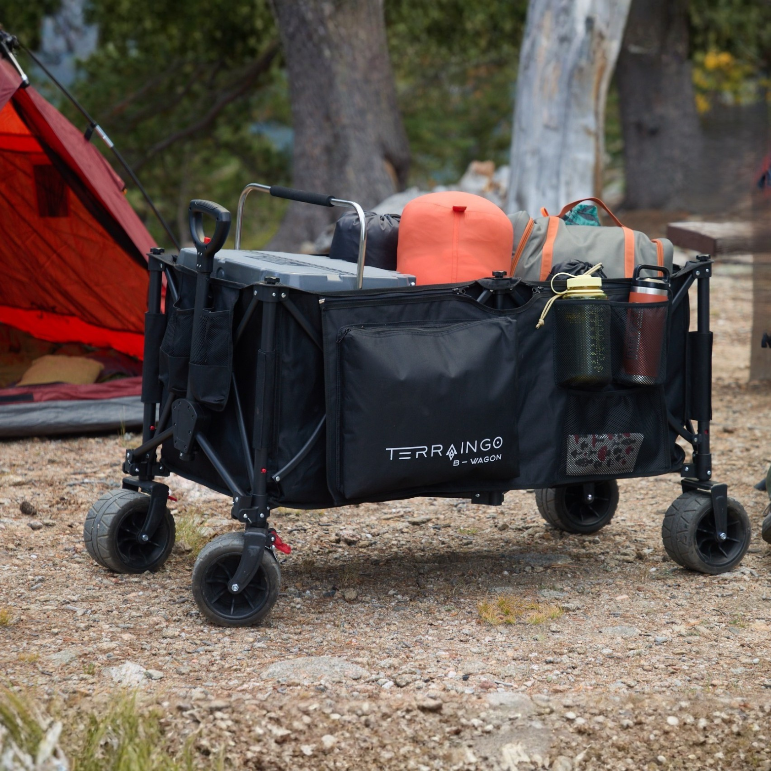 Foldable Beach Wagon Cart- Interchangeable All Terrain Wheels- 12" Beach Wheels Optional- Patent Pending- Gardening, Fishing, Shopping-Built-in Insulated Cooler Pouch, More Storage Pockets, Cupholders