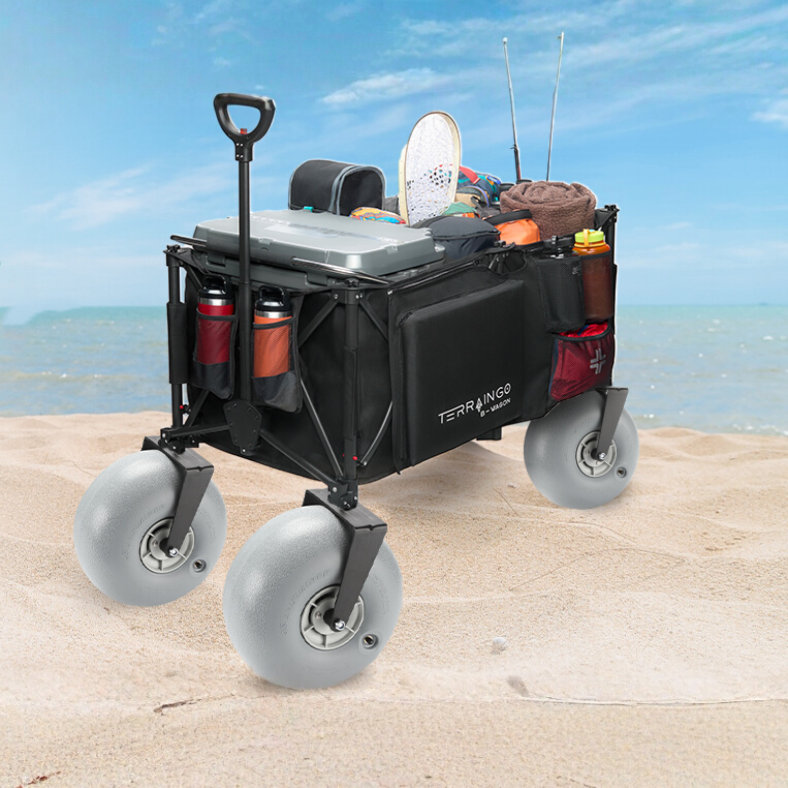 Foldable Beach Wagon Cart- Interchangeable All Terrain Wheels- 12" Beach Wheels Optional- Patent Pending- Gardening, Fishing, Shopping-Built-in Insulated Cooler Pouch, More Storage Pockets, Cupholders