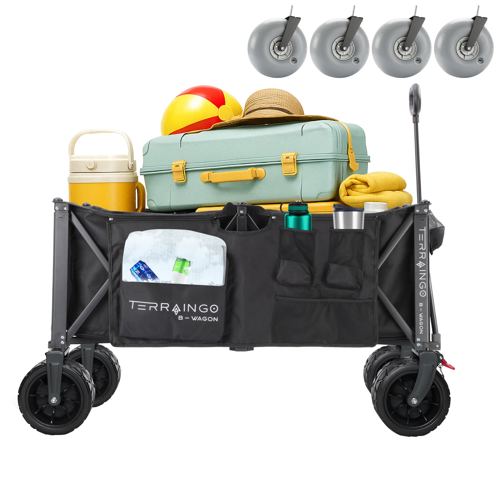 Foldable Beach Wagon Cart- Interchangeable All Terrain Wheels- 12" Beach Wheels Optional- Patent Pending- Gardening, Fishing, Shopping-Built-in Insulated Cooler Pouch, More Storage Pockets, Cupholders