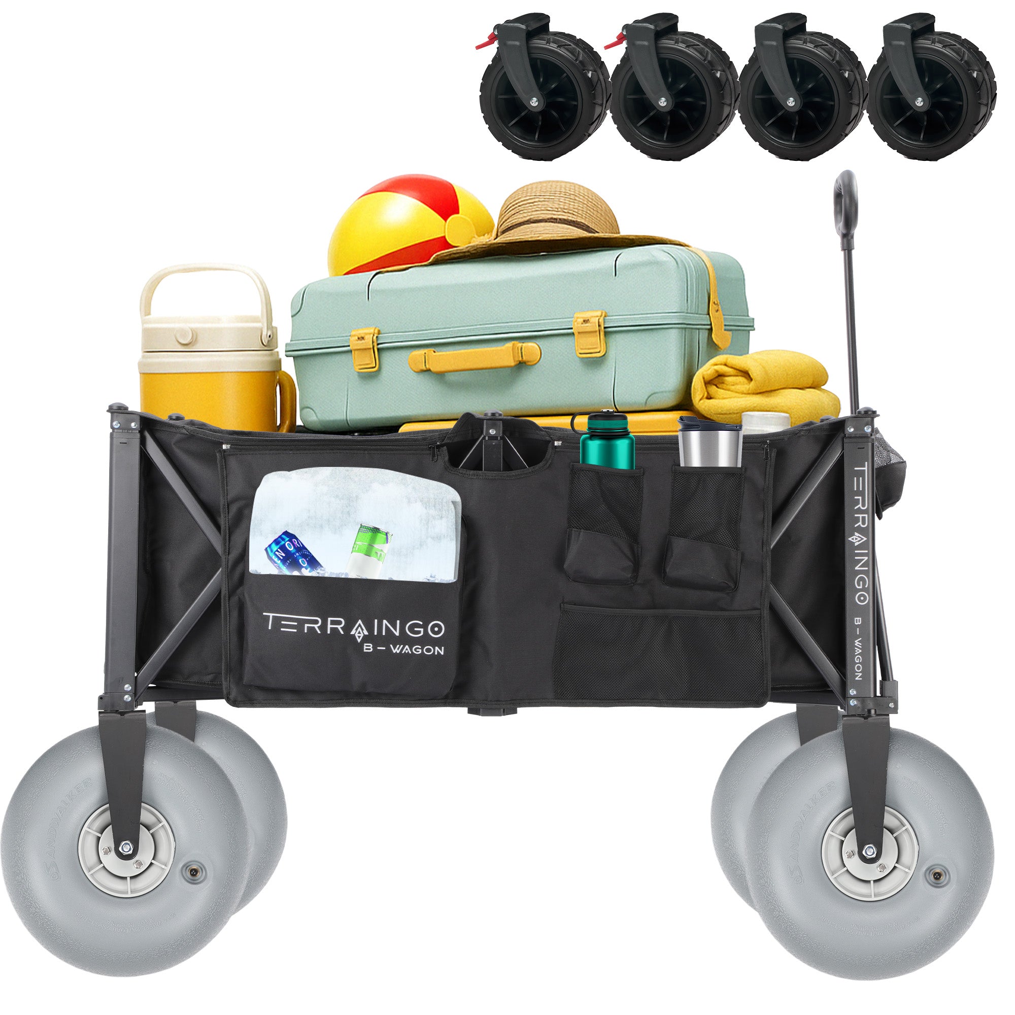 Foldable Beach Wagon Cart- Interchangeable All Terrain Wheels- 12" Beach Wheels Optional- Patent Pending- Gardening, Fishing, Shopping-Built-in Insulated Cooler Pouch, More Storage Pockets, Cupholders