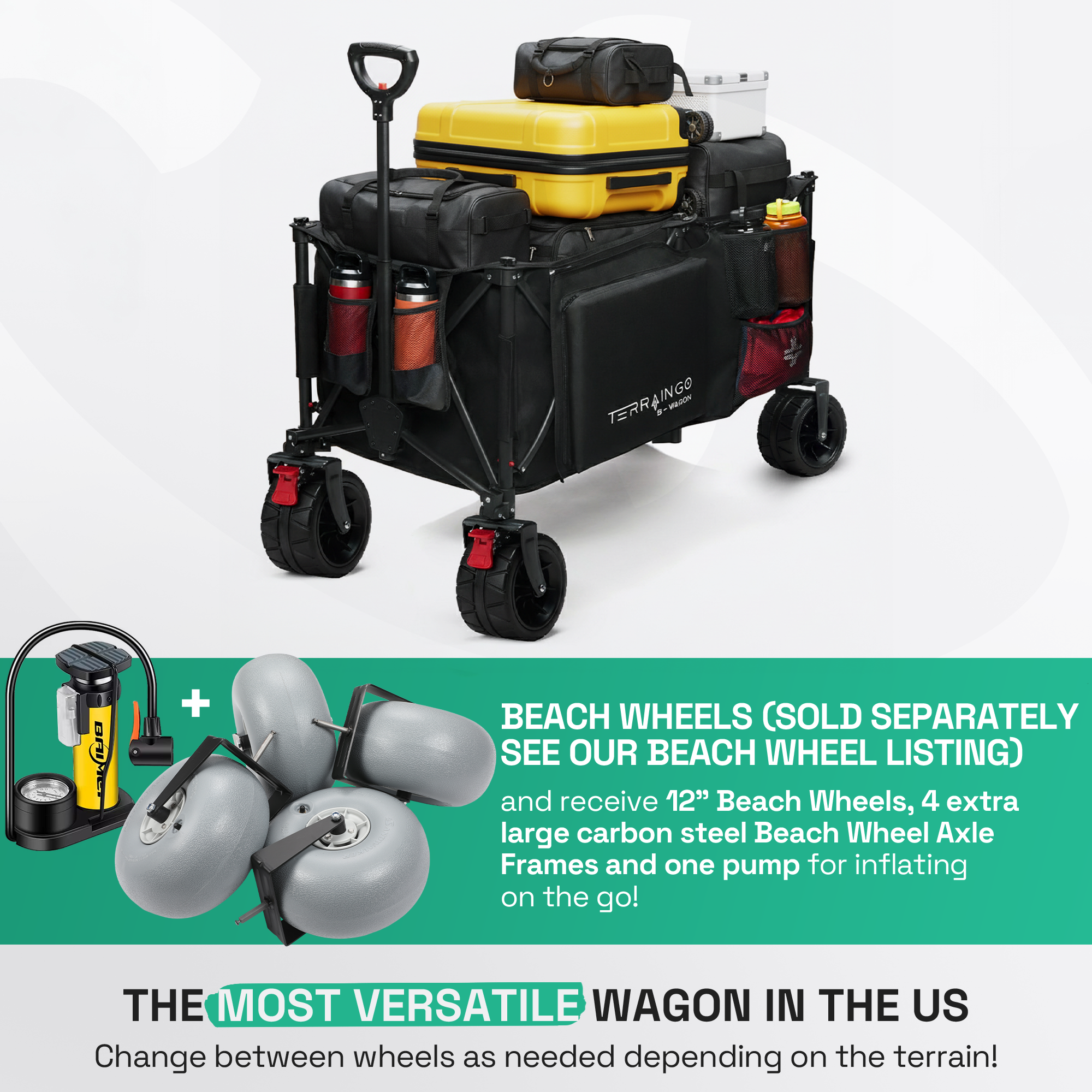 Foldable Beach Wagon Cart- Interchangeable All Terrain Wheels- 12" Beach Wheels Optional- Patent Pending- Gardening, Fishing, Shopping-Built-in Insulated Cooler Pouch, More Storage Pockets, Cupholders