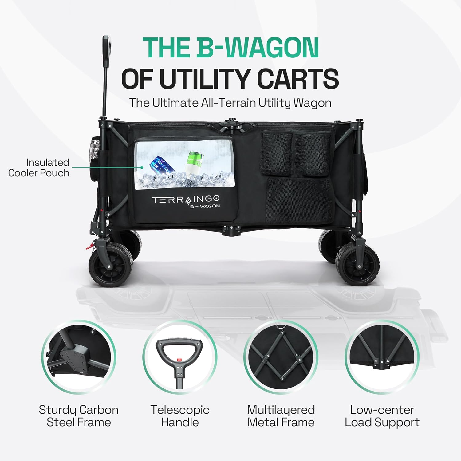 Foldable Beach Wagon Cart- Interchangeable All Terrain Wheels- 12&quot; Beach Wheels Optional- Patent Pending- Gardening, Fishing, Shopping-Built-in Insulated Cooler Pouch, More Storage Pockets, Cupholders