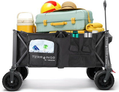 Foldable Beach Wagon Cart- Interchangeable All Terrain Wheels- 12&quot; Beach Wheels Optional- Patent Pending- Gardening, Fishing, Shopping-Built-in Insulated Cooler Pouch, More Storage Pockets, Cupholders