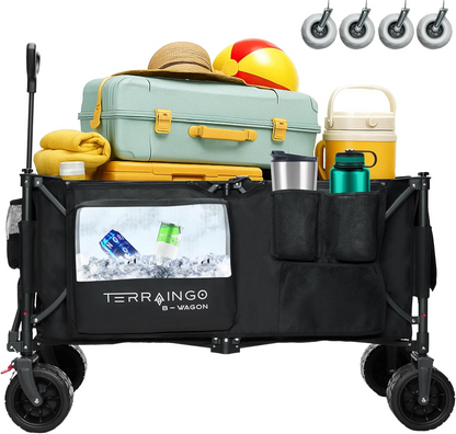 Foldable Beach Wagon Cart- Interchangeable All Terrain Wheels- 12&quot; Beach Wheels Optional- Patent Pending- Gardening, Fishing, Shopping-Built-in Insulated Cooler Pouch, More Storage Pockets, Cupholders
