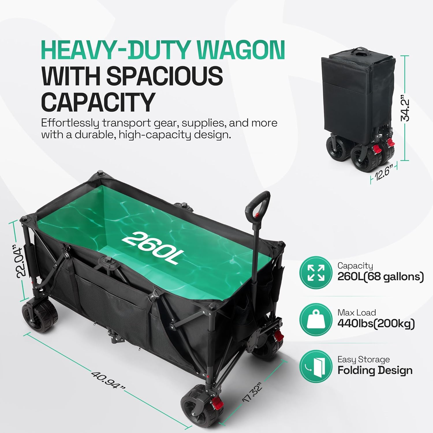 Foldable Beach Wagon Cart- Interchangeable All Terrain Wheels- 12&quot; Beach Wheels Optional- Patent Pending- Gardening, Fishing, Shopping-Built-in Insulated Cooler Pouch, More Storage Pockets, Cupholders