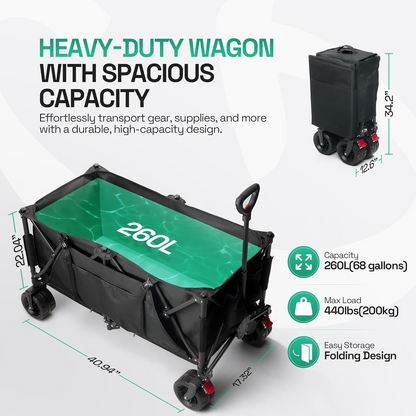 Foldable Beach Wagon Cart- Interchangeable All Terrain Wheels- 12&quot; Beach Wheels Optional- Patent Pending- Gardening, Fishing, Shopping-Built-in Insulated Cooler Pouch, More Storage Pockets, Cupholders