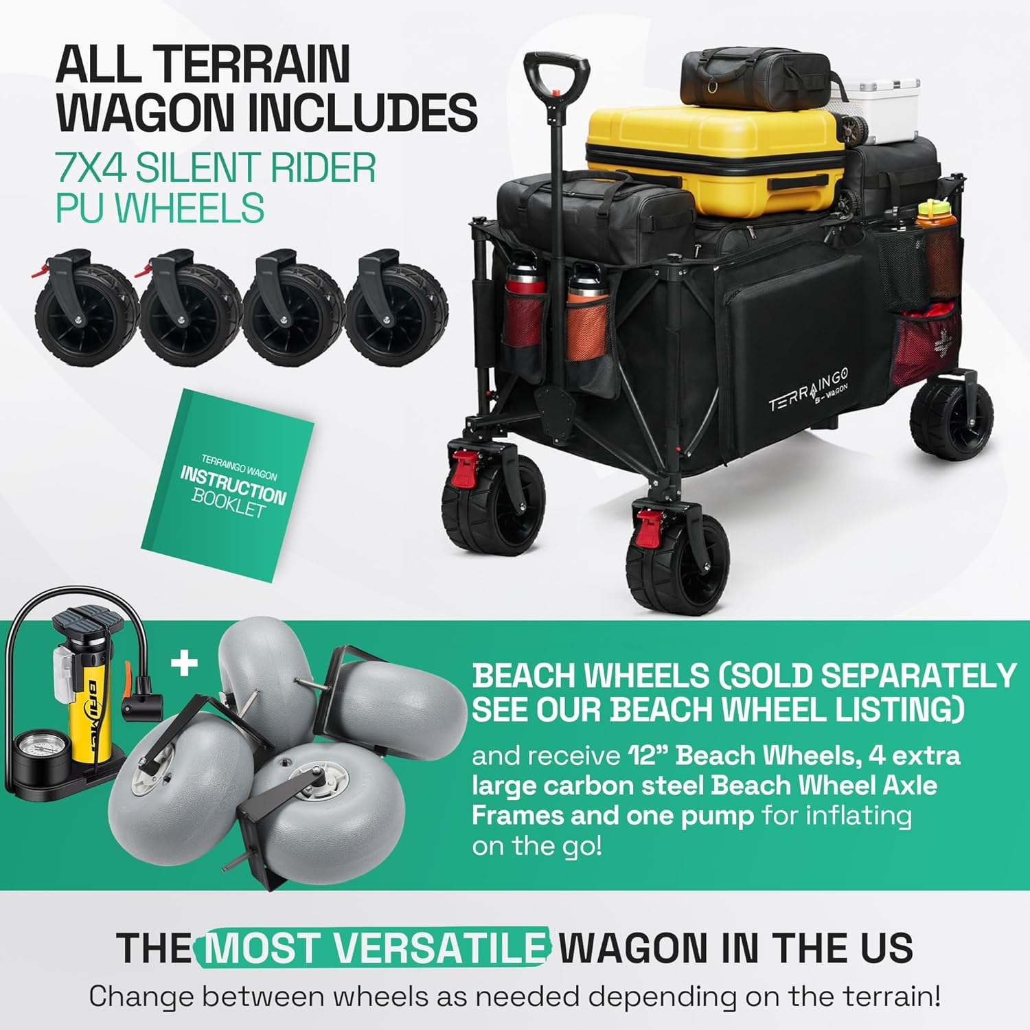 Foldable Beach Wagon Cart- Interchangeable All Terrain Wheels- 12&quot; Beach Wheels Optional- Patent Pending- Gardening, Fishing, Shopping-Built-in Insulated Cooler Pouch, More Storage Pockets, Cupholders