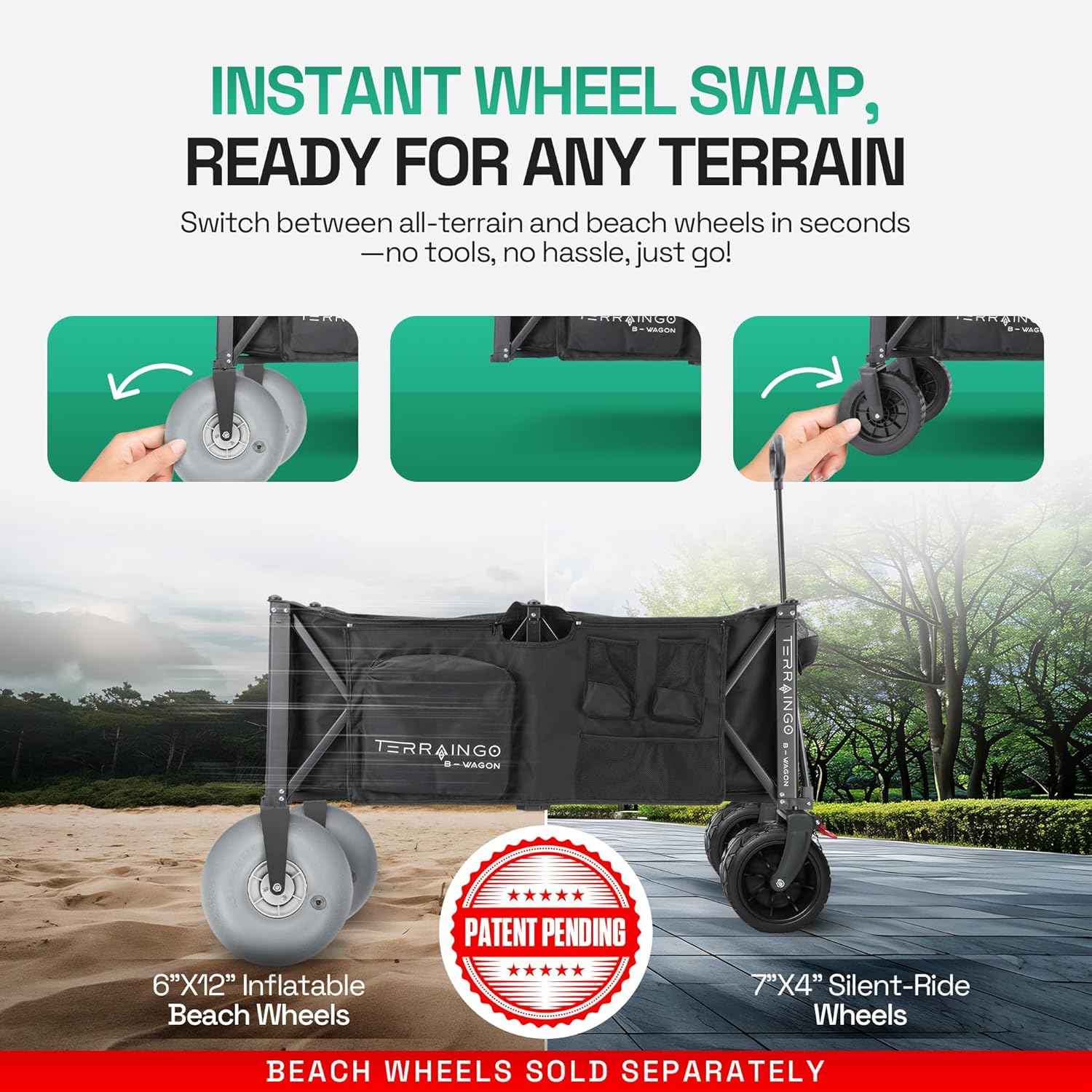 Foldable Beach Wagon Cart- Interchangeable All Terrain Wheels- 12&quot; Beach Wheels Optional- Patent Pending- Gardening, Fishing, Shopping-Built-in Insulated Cooler Pouch, More Storage Pockets, Cupholders