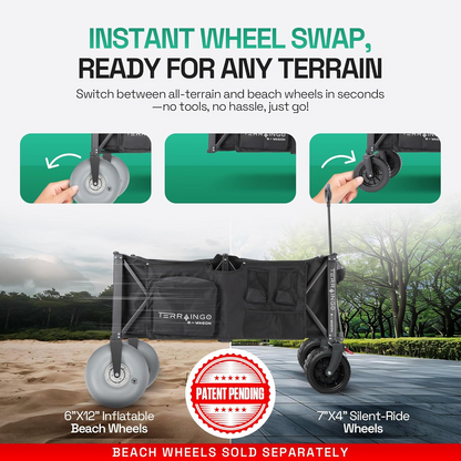 Foldable Beach Wagon Cart- Interchangeable All Terrain Wheels- 12&quot; Beach Wheels Optional- Patent Pending- Gardening, Fishing, Shopping-Built-in Insulated Cooler Pouch, More Storage Pockets, Cupholders