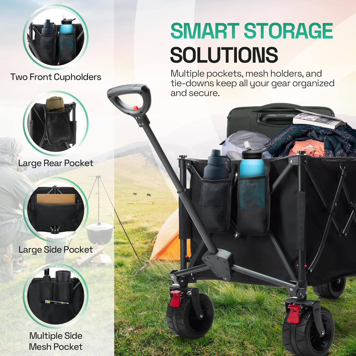 Foldable Beach Wagon Cart- Interchangeable All Terrain Wheels- 12&quot; Beach Wheels Optional- Patent Pending- Gardening, Fishing, Shopping-Built-in Insulated Cooler Pouch, More Storage Pockets, Cupholders