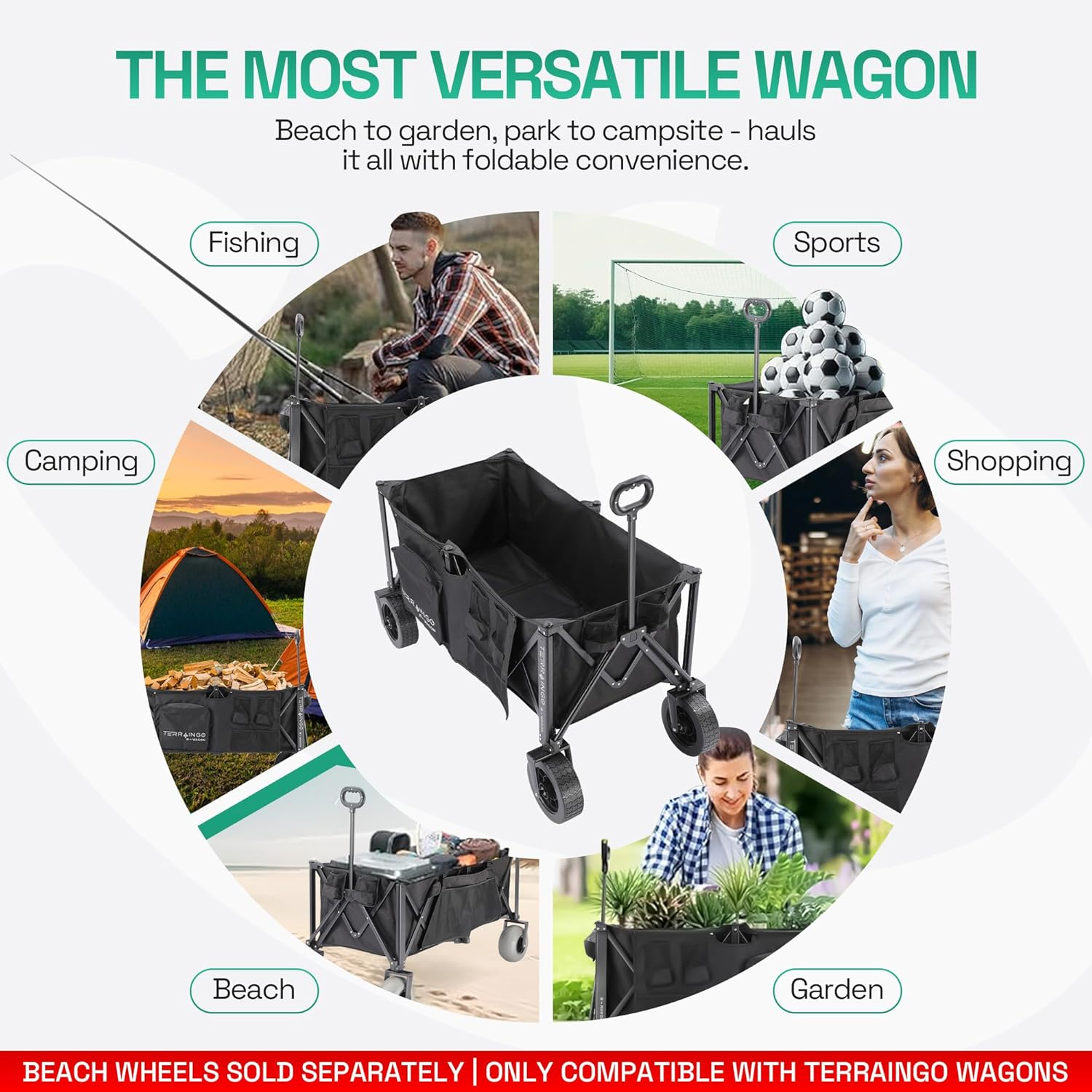 Foldable Beach Wagon Cart- Interchangeable All Terrain Wheels- 12&quot; Beach Wheels Optional- Patent Pending- Gardening, Fishing, Shopping-Built-in Insulated Cooler Pouch, More Storage Pockets, Cupholders