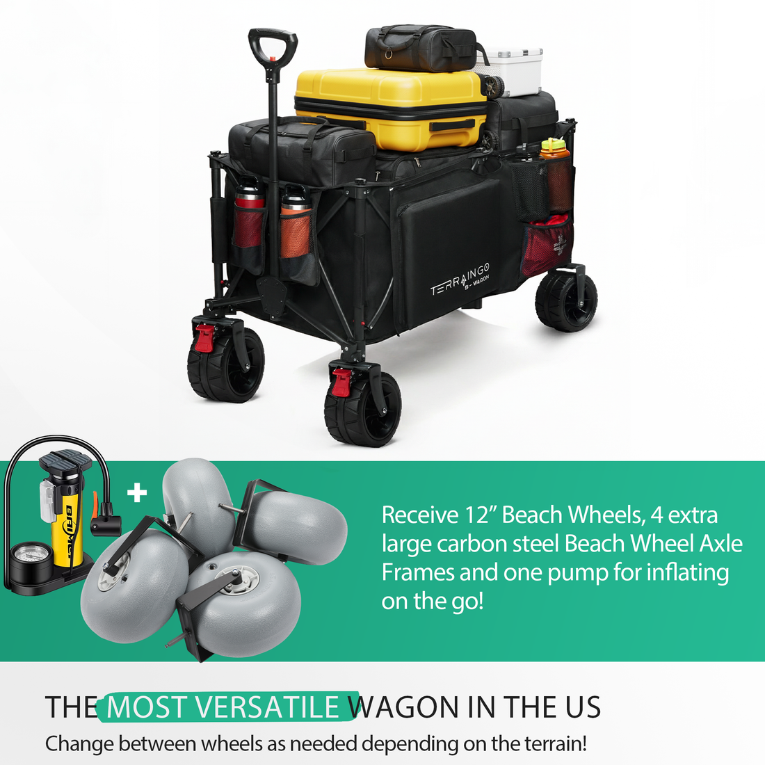 Foldable Beach Wagon Cart- Interchangeable All Terrain Wheels- 12" Beach Wheels Optional- Patent Pending- Gardening, Fishing, Shopping-Built-in Insulated Cooler Pouch, More Storage Pockets, Cupholders