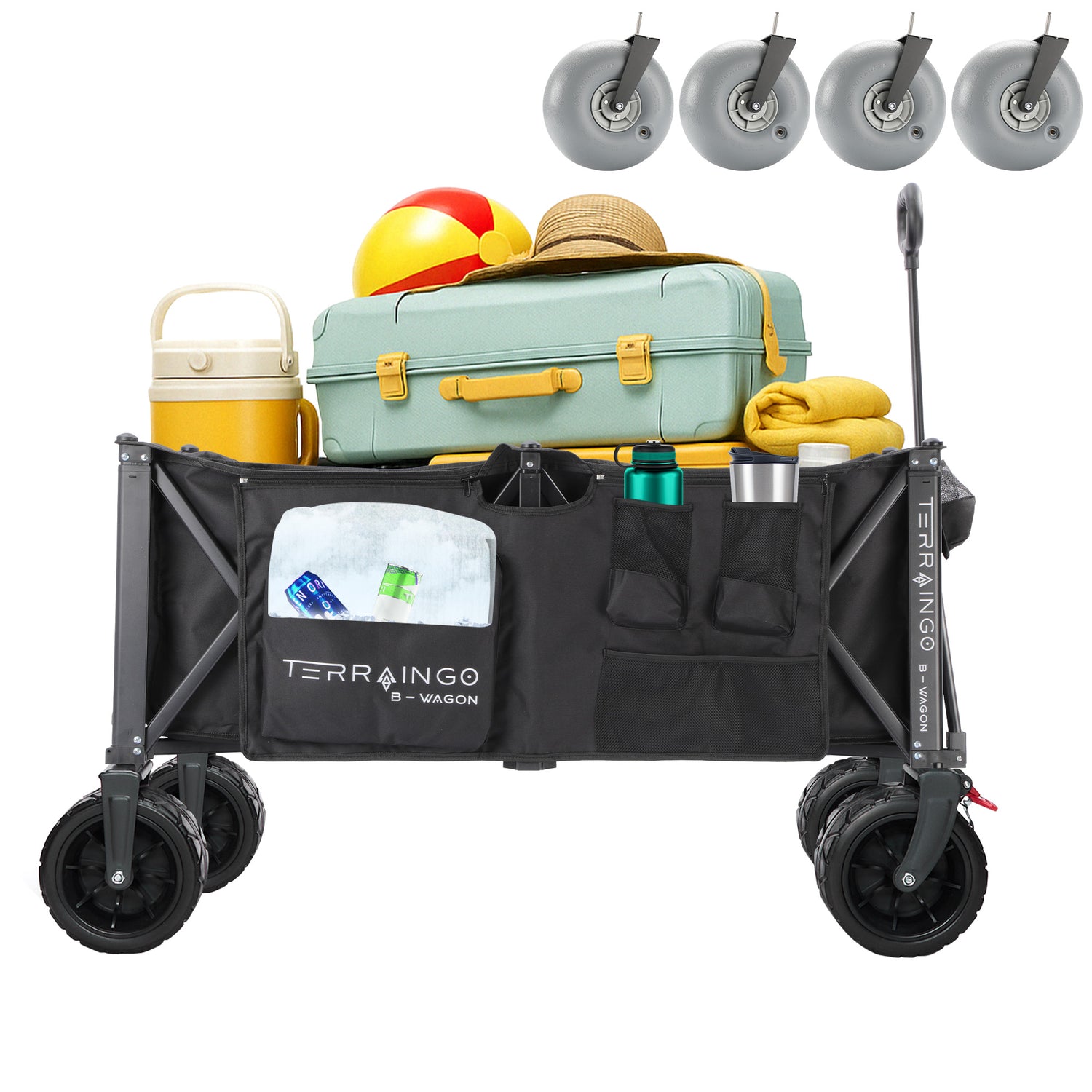 Foldable Beach Wagon Cart- Interchangeable All Terrain Wheels- 12&quot; Beach Wheels Optional- Patent Pending- Gardening, Fishing, Shopping-Built-in Insulated Cooler Pouch, More Storage Pockets, Cupholders