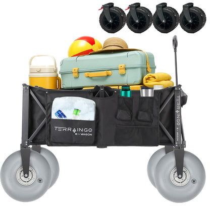 Foldable Beach Wagon Cart- Interchangeable All Terrain Wheels- 12&quot; Beach Wheels Optional- Patent Pending- Gardening, Fishing, Shopping-Built-in Insulated Cooler Pouch, More Storage Pockets, Cupholders